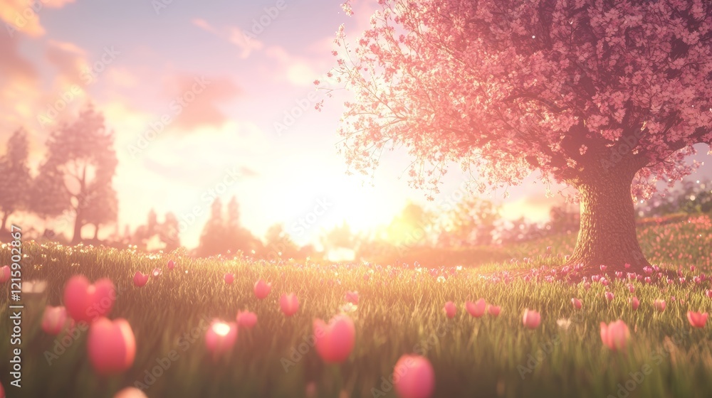Serene Spring Sunset Blossoming Cherry Tree and Tulips Serene Spring Sunset Blossoming Cherry Tree and Tulips
