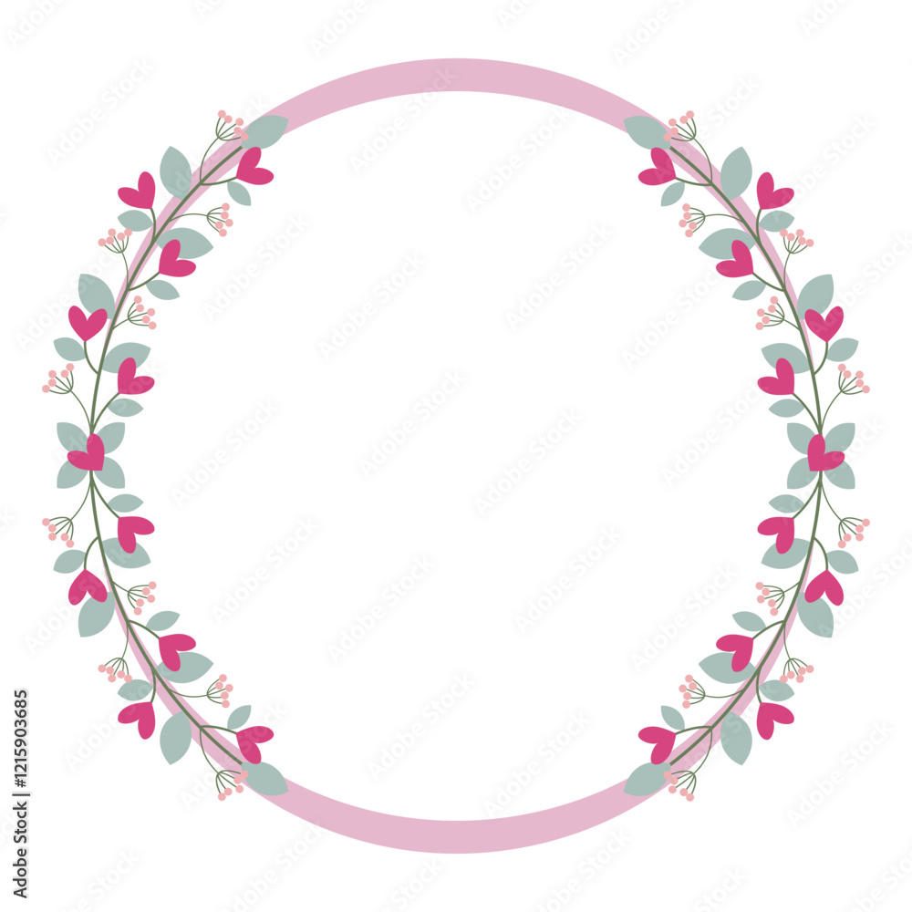 Circle Wreath Decorated With Love Pink Flowers And Green Leaves Circle Wreath Decorated With Love Pink Flowers And Green Leaves