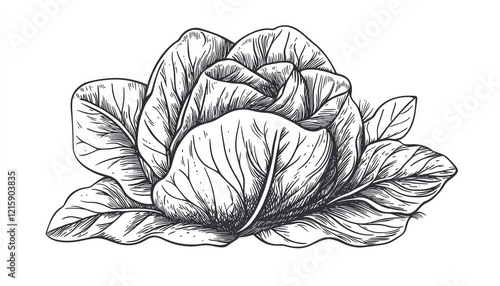 A detailed black and white illustration of a cabbage with intricate leaf patterns.