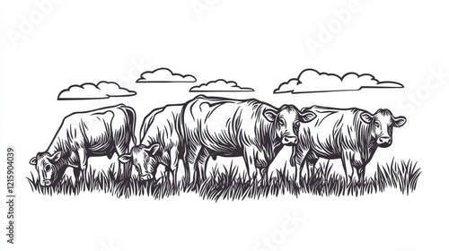 A line of cows grazing in a grassy field under a cloudy sky, illustrated in a vintage style.