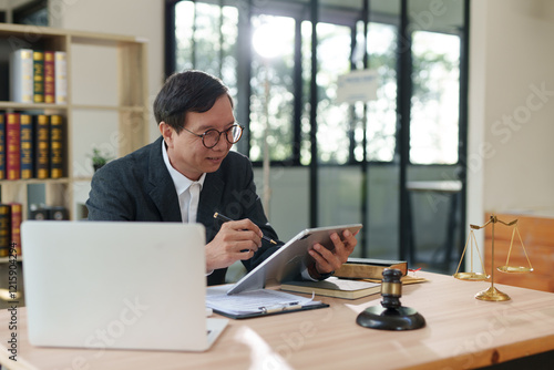A focused, close-up shot of a black metal justice scale standing on a wooden desk, symbolizing law and equity.
