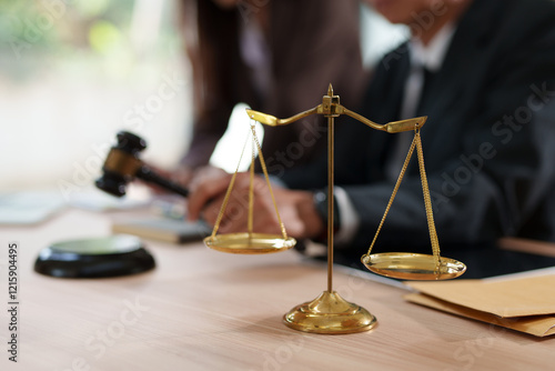 A focused, close-up shot of a black metal justice scale standing on a wooden desk, symbolizing law and equity.