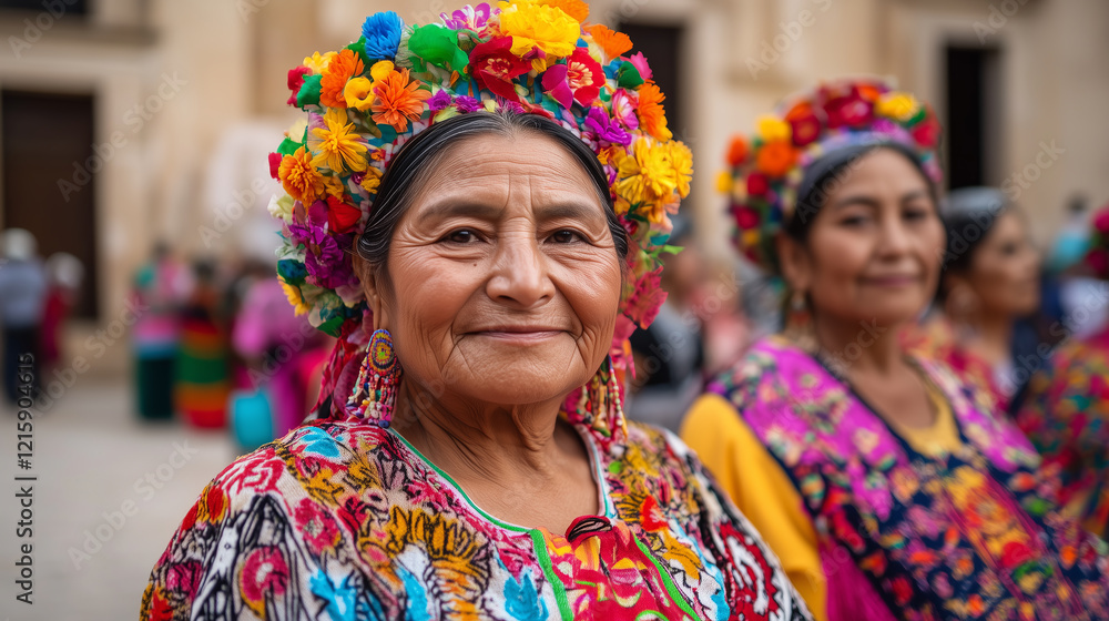 Fototapeta premium Colorful headdress woman with vibrant tradition smile in festive event shows cultural pride and connection to heritage
