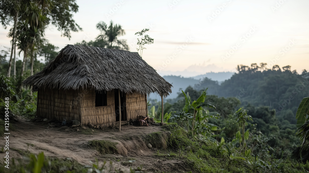 Thatched hut nestled in hills at dusk, showcasing peaceful and remote rural scene Thatched hut nestled in hills at dusk, showcasing peaceful and remote rural scene