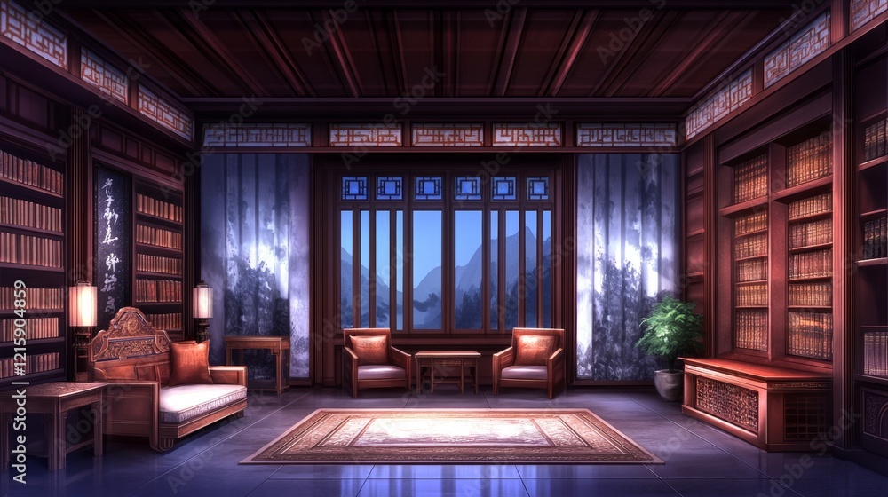 Naklejka premium Serene Study Tranquil Asian Library Interior Design