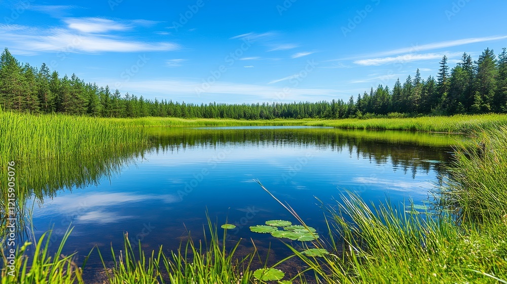 Serene Summer Lake in a Pine Forest Landscape Serene Summer Lake in a Pine Forest Landscape