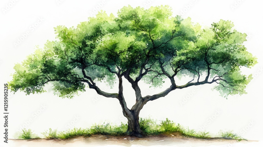 Fototapeta premium Lush Green Tree with Expansive Canopy in Watercolor Style