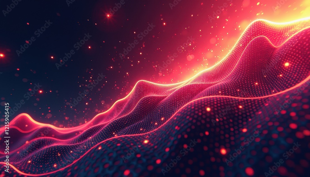 Fototapeta premium Vibrant Digital Artwork: Red and Blue Wave Pattern Illuminated by Radiant Light Against a Dark Background