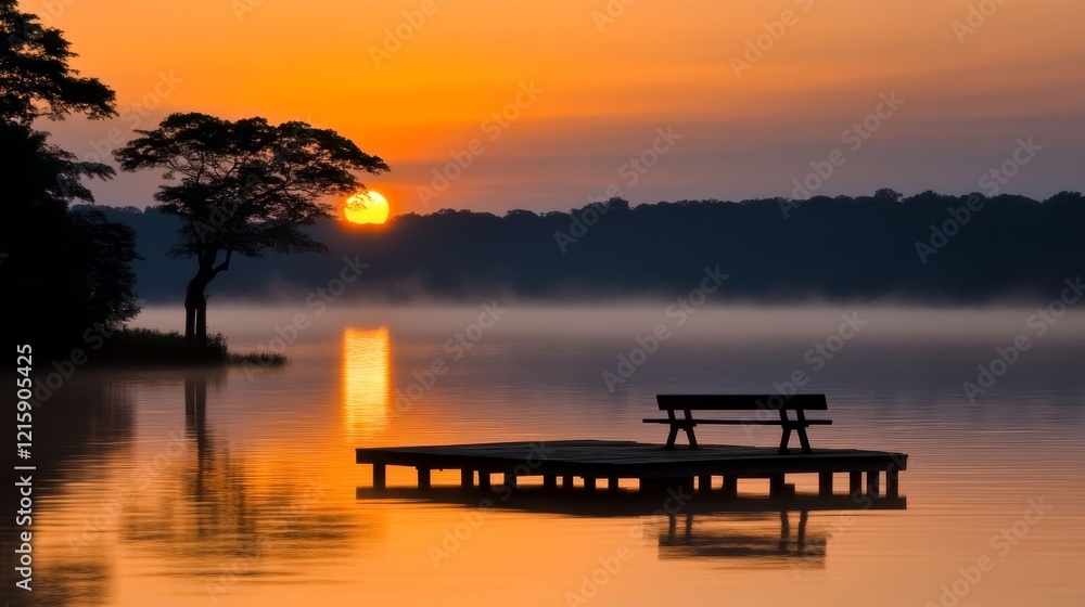 Serene Sunrise Lake with Misty Fog and Solitary Bench Serene Sunrise Lake with Misty Fog and Solitary Bench