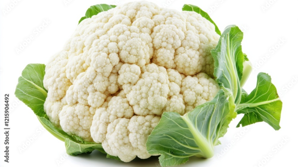 A whole head of cauliflower with its tightly packed white florets and green leaves, Each cauliflower’s vibrant color and subtle imperfections captured with precision A whole head of cauliflower with its tightly packed white florets and green leaves, Each cauliflower’s vibrant color and subtle imperfections captured with precision