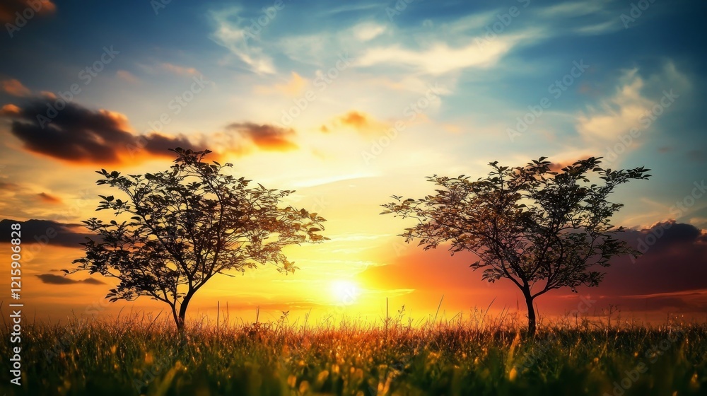 Fototapeta premium Serene Sunset Landscape with Silhouetted Trees