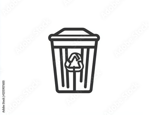 Recycling bin icon; simple line art design of a trash can with a recycling symbol. photo