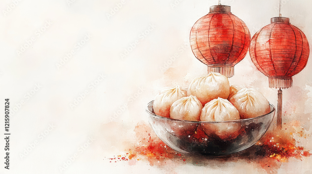 Fototapeta premium A watercolor illustration of a transparent glass bowl filled with dumplings with a lantern in Chinese New Year