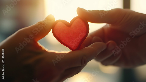 Two hands gently exchange a sparkling red heart, symbolizing love and connection against a bright, warm background.