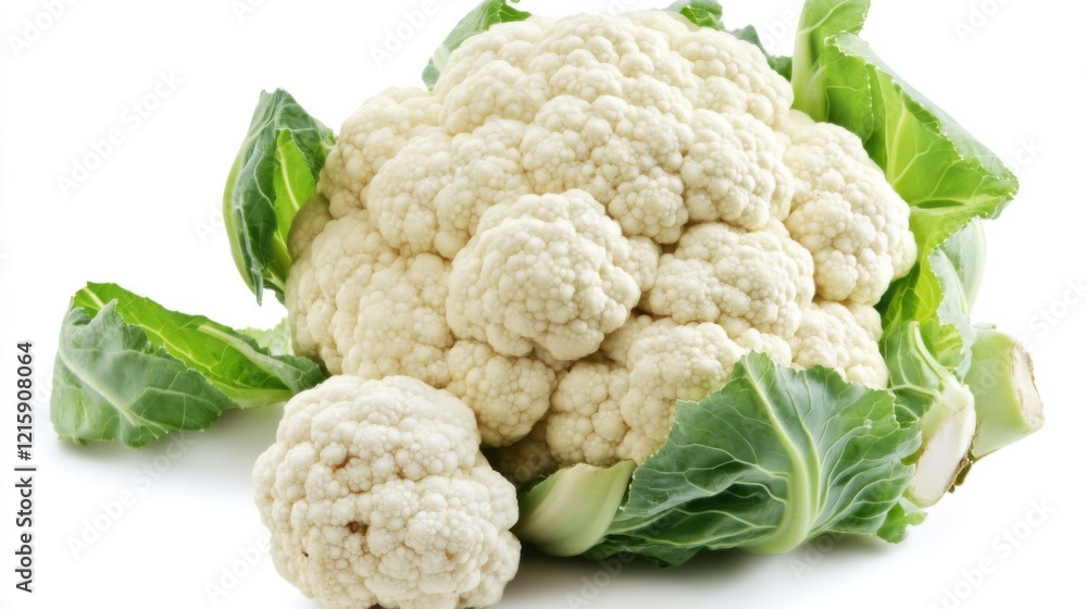 A whole head of cauliflower with its tightly packed white florets and green leaves, Each cauliflower’s vibrant color and subtle imperfections captured with precision A whole head of cauliflower with its tightly packed white florets and green leaves, Each cauliflower’s vibrant color and subtle imperfections captured with precision