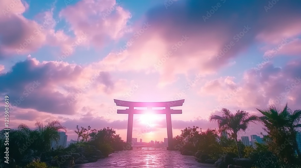 Serene Sunset Torii Gate at City Skyline Serene Sunset Torii Gate at City Skyline