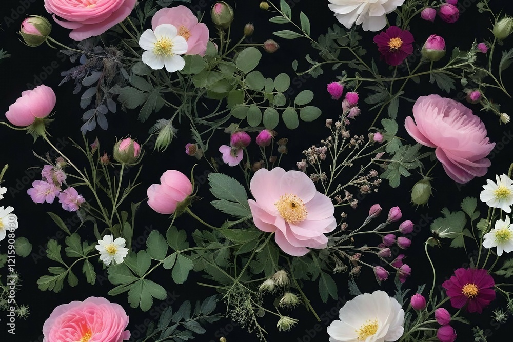 abstract lush moody bouquet of garden flowers and wildflowers over a dark background abstract lush moody bouquet of garden flowers and wildflowers over a dark background
