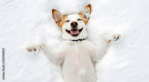 A joyful dog lies in fresh snow, grinning with happiness, embodying pure delight and playfulness in a winter wonderland.
