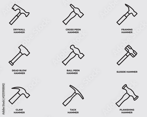 type of hammer tools outline icons.any of various hammers symbol thin line vector isolated on background