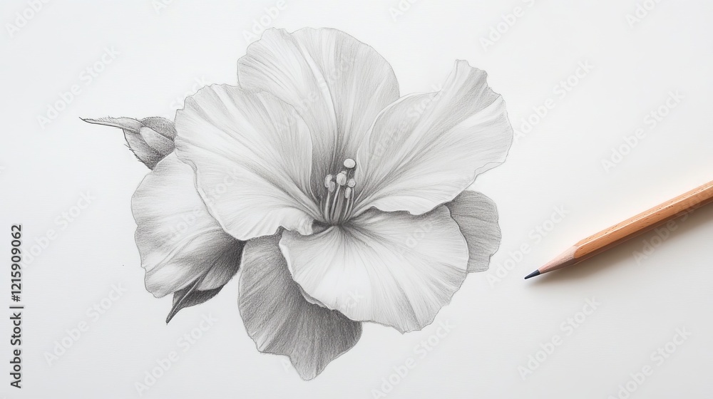 Obraz premium Minimalist pencil sketch of a blooming flower with fine details and subtle shading