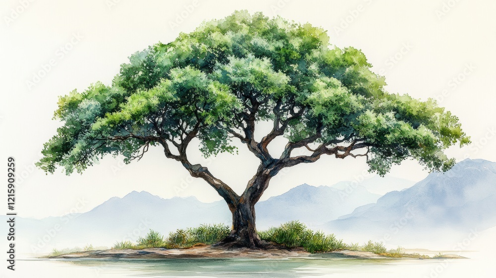 Fototapeta premium Majestic Lone Tree Overlooking Peaceful Landscape in Soft Light