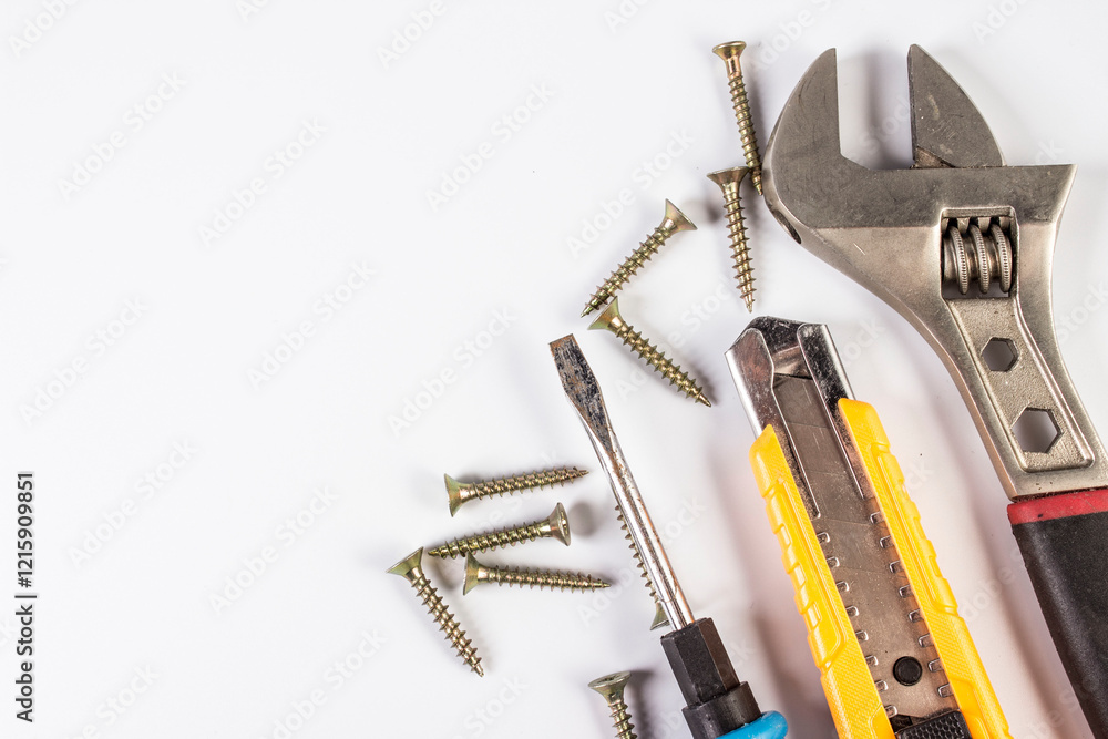 wrenches screwdrivers and tools on a white background with space for text wrenches screwdrivers and tools on a white background with space for text
