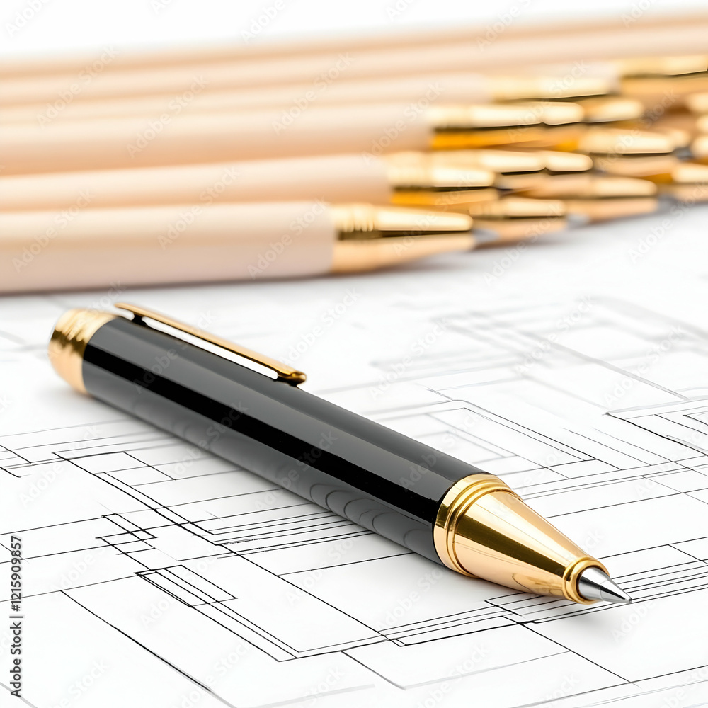 Elegant Pen on Blueprint Illustration Elegant Pen on Blueprint Illustration