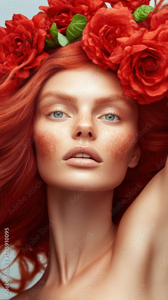 Naklejka premium Elegant Young Caucasian Female with Red Hair Adorned by Red Roses