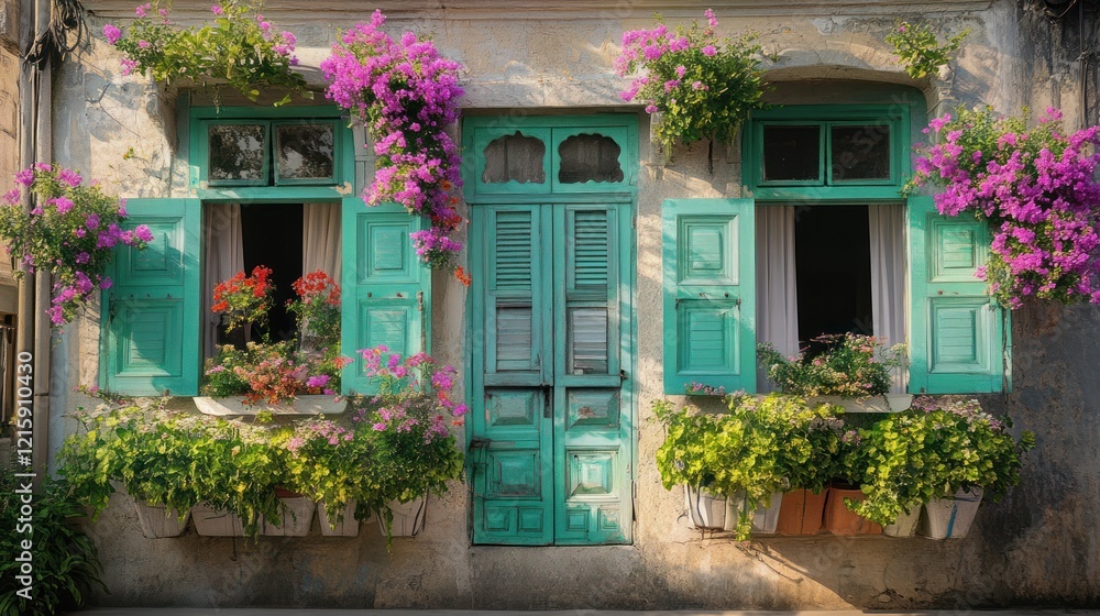 Charming Teal House with Blooming Bougainvillea Charming Teal House with Blooming Bougainvillea