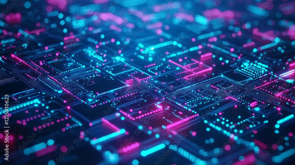 Abstract Futuristic Circuit Board Technology Background with Neon Pink and Blue Glowing Lines Abstract Futuristic Circuit Board Technology Background with Neon Pink and Blue Glowing Lines