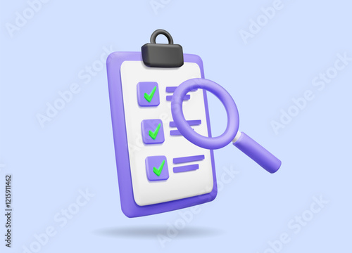 3D vector render illustration of checklist clipboard icon with check mark and magnifying glass for the concept of inspection, evaluation, or planning for business, administration, and data