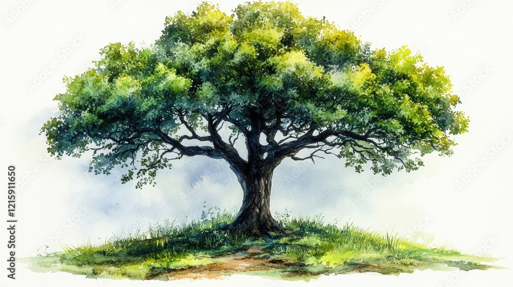 Fototapeta premium Lush Green Oak Tree on a Sunny Day with Blue Sky Background