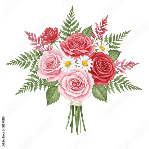 Elegant Watercolor Roses Bouquet Pink Red Flowers Floral Design Art Fern Love Green Bridal Leaves   