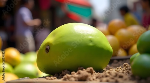 Vibrant Green Mango Market Stall Sunny Day Scene photo