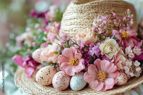 Close-up of an intricately designed Easter bonnet with bright flowers and easter eggs
