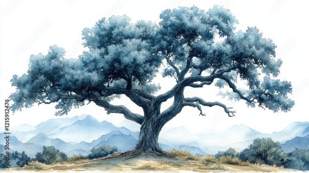 Majestic Tree Overlooking Mountains in Soft Watercolor Style Majestic Tree Overlooking Mountains in Soft Watercolor Style