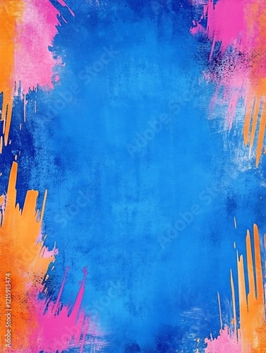 Vibrant blue textured background boldly framed with pink orange brushstrokes. AI Generated photo