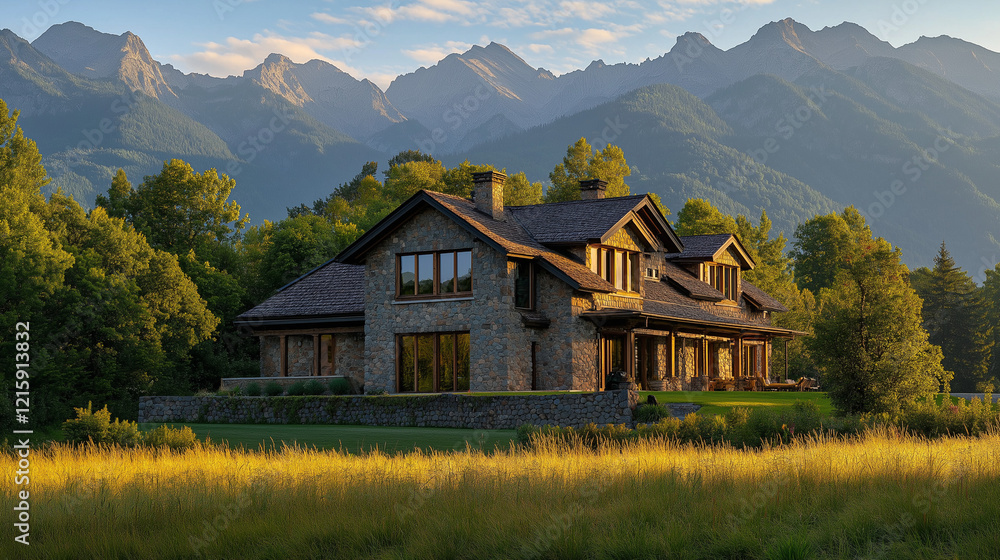 Fototapeta premium Mountain House Retreat: Peaceful Living in Nature's Embrace