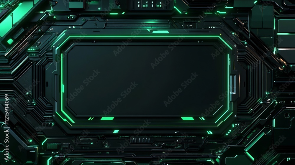 Fototapeta premium Glowing green circuit board frame elegantly displays dark space. AI Generated