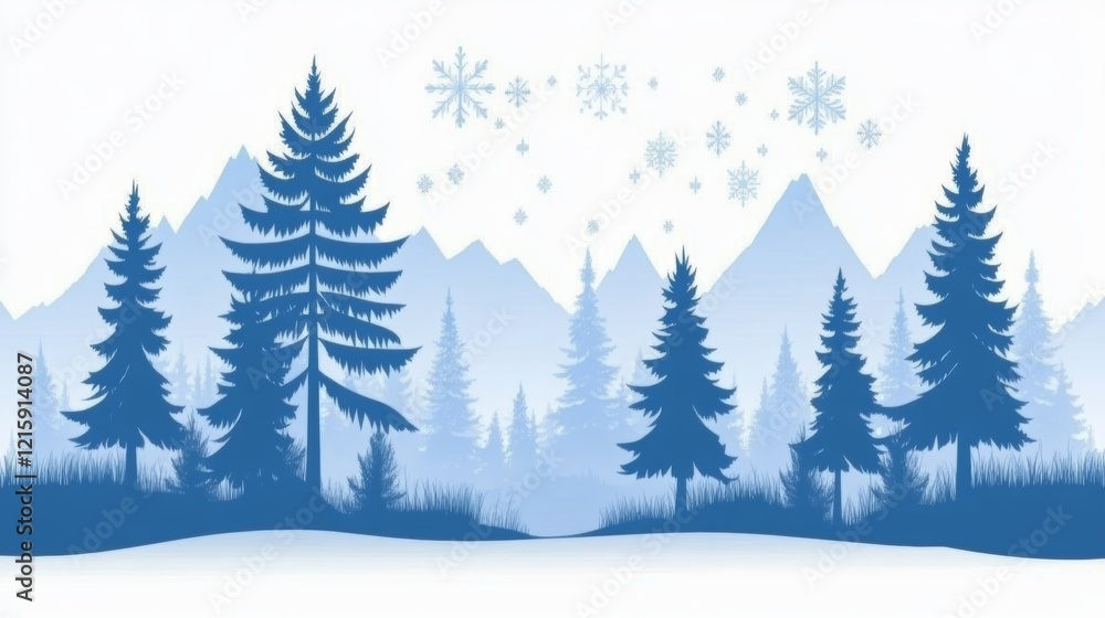 Serene Winter Mountain Landscape with Snowflakes and Pine Trees Serene Winter Mountain Landscape with Snowflakes and Pine Trees
