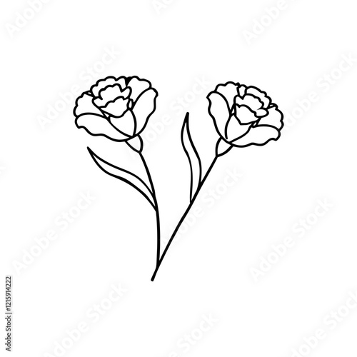 Elegant Carnation Line Art icon with Leaves and Buds in Black and White Vector Design