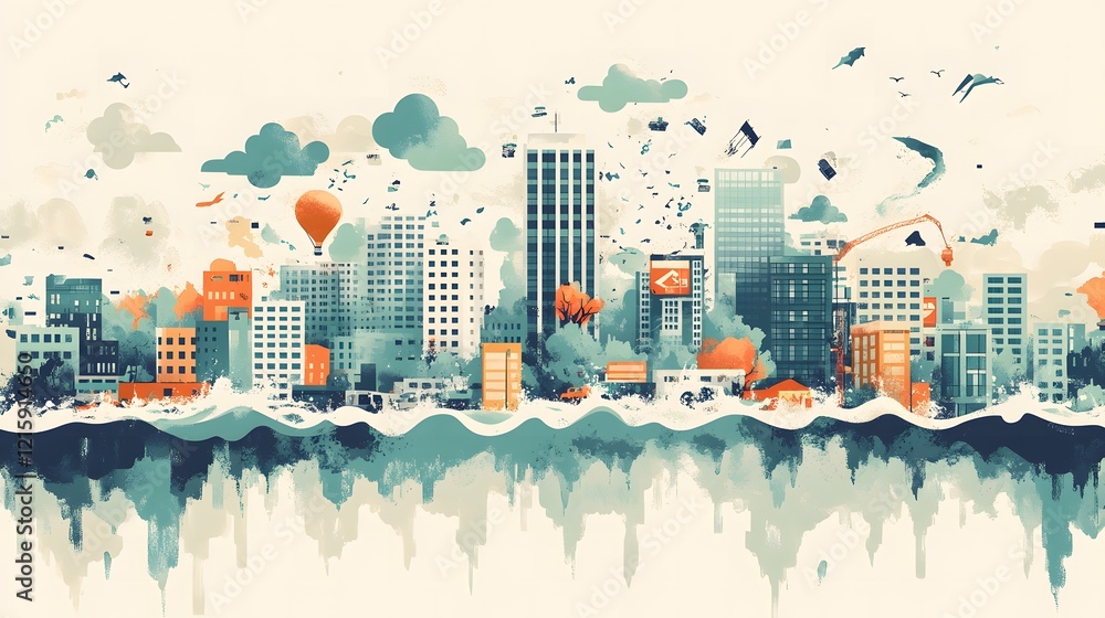 Fototapeta premium A flat illustration background for Disaster Day depicting a cityscape with natural disaster elements like floods, earthquakes, and storm clouds, balanced with hope symbols such as rescue teams and rel