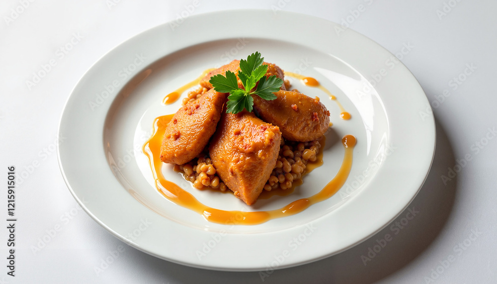 Fototapeta premium Yassa Chicken Plated with a Rich Sauce and Fresh Parsley Garnish