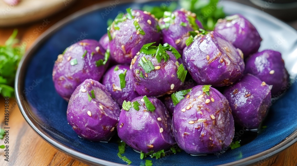 Fototapeta premium Steamed Purple sweet yam in a plate ready to eat 