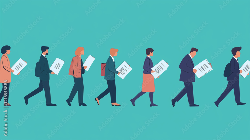 An illustrated scene where a line of people turns into legal documents An illustrated scene where a line of people turns into legal documents