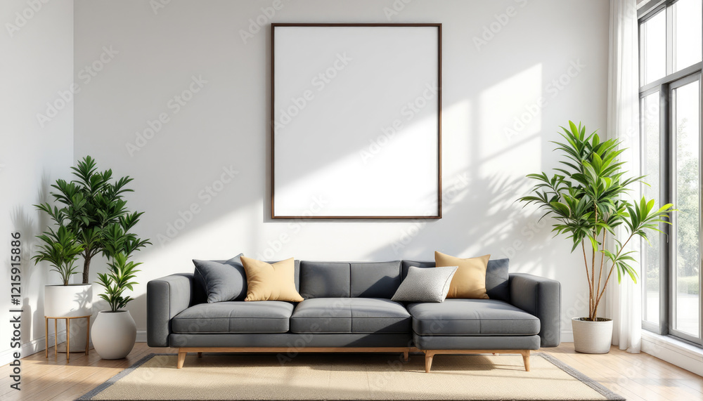 a gray sofa with two throw pillows, a large white picture frame on the wall, and two potted plants on either side of the sofa. Cozy modern living room with photo frame design a gray sofa with two throw pillows, a large white picture frame on the wall, and two potted plants on either side of the sofa. Cozy modern living room with photo frame design