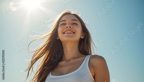Beautiful young woman with long brown hair smiling happily under the bright summer sun, enjoying the warmth and freedom.