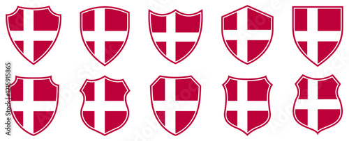 set collections denmark flag in shield badge icon. denmark flag symbol of powerful country. denmark vintage emblem label sticker design template vector illustration