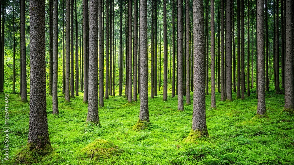 Dense forest with ancient trees and vibrant green moss covering the ground Dense forest with ancient trees and vibrant green moss covering the ground