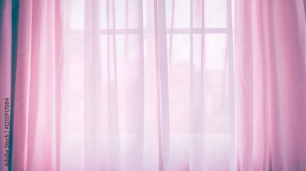 Obraz premium Sheer Pink Curtains Draped Over Window, Soft Light